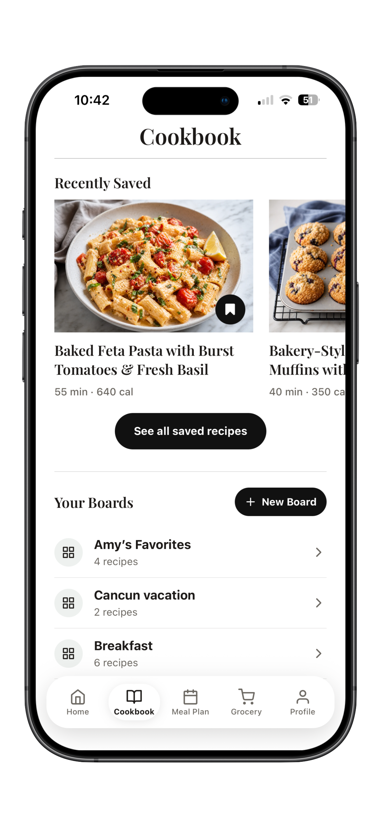 Whisk cookbook showing recently saved recipes and named recipe boards
