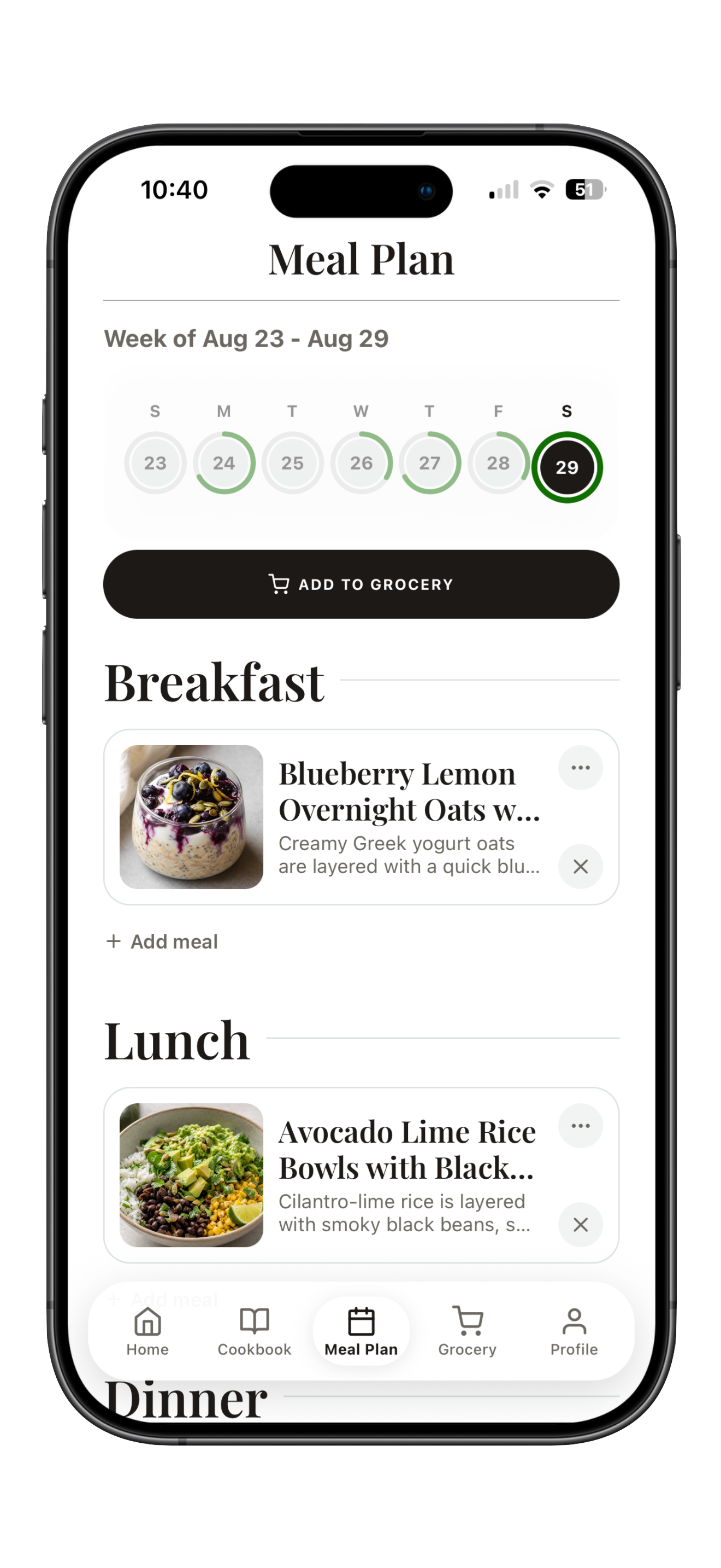 Whisk meal plan showing the week, breakfast and lunch recipes, and the Add to Grocery control