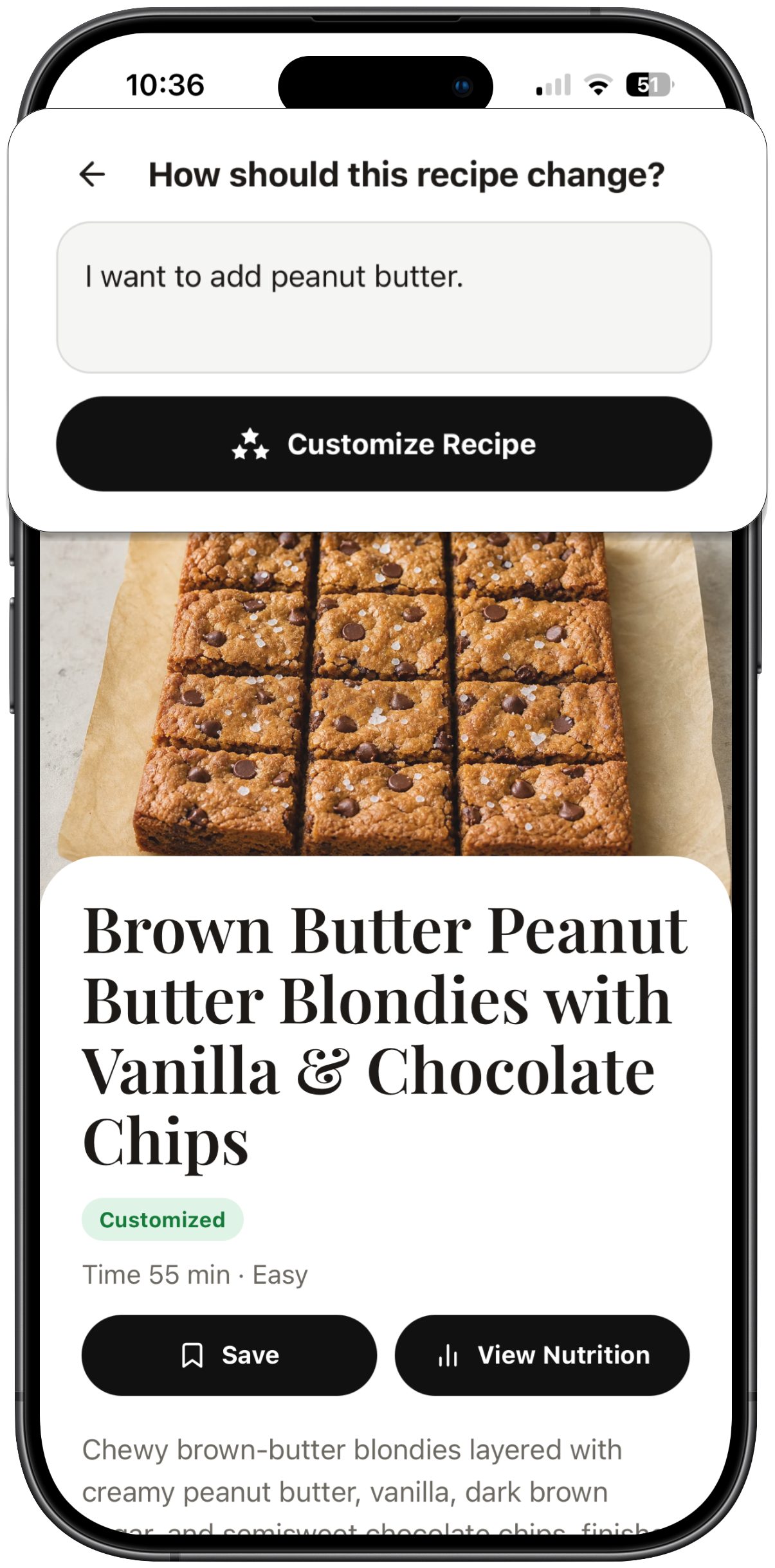Whisk recipe customization screen showing a request and the resulting recipe