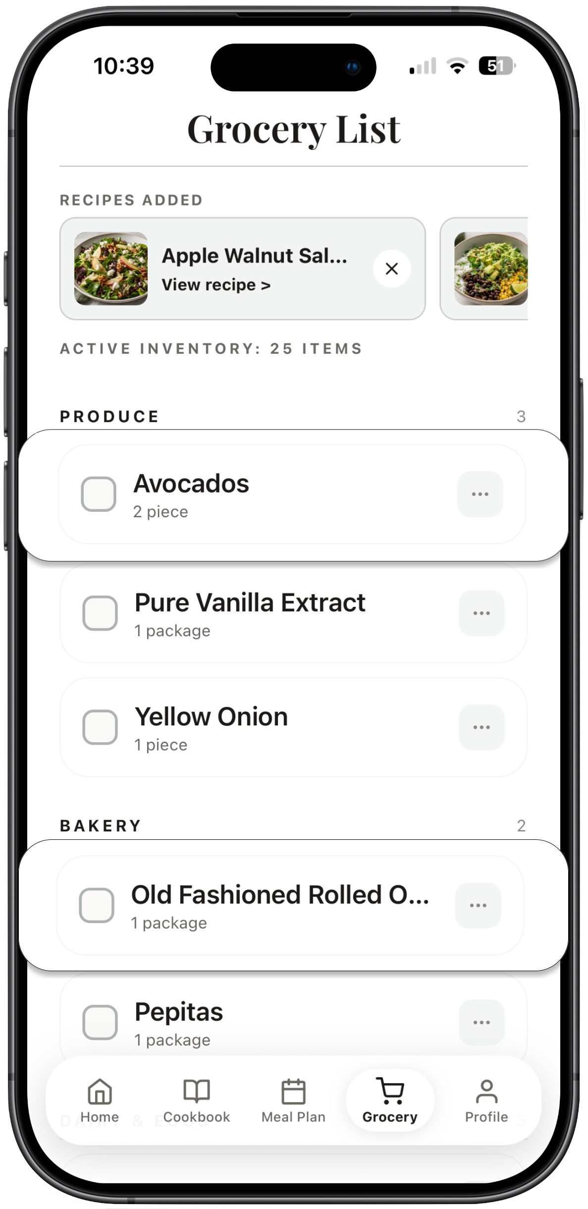 Whisk grocery list with source recipes and ingredients