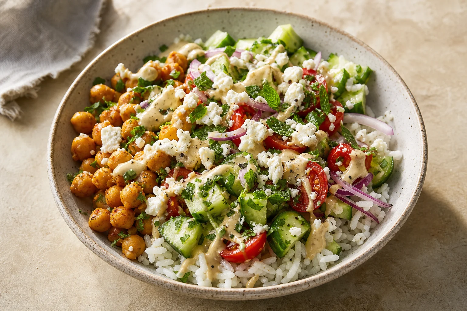 Mediterranean Chickpea Bowls with Cucumber, Feta & Tahini