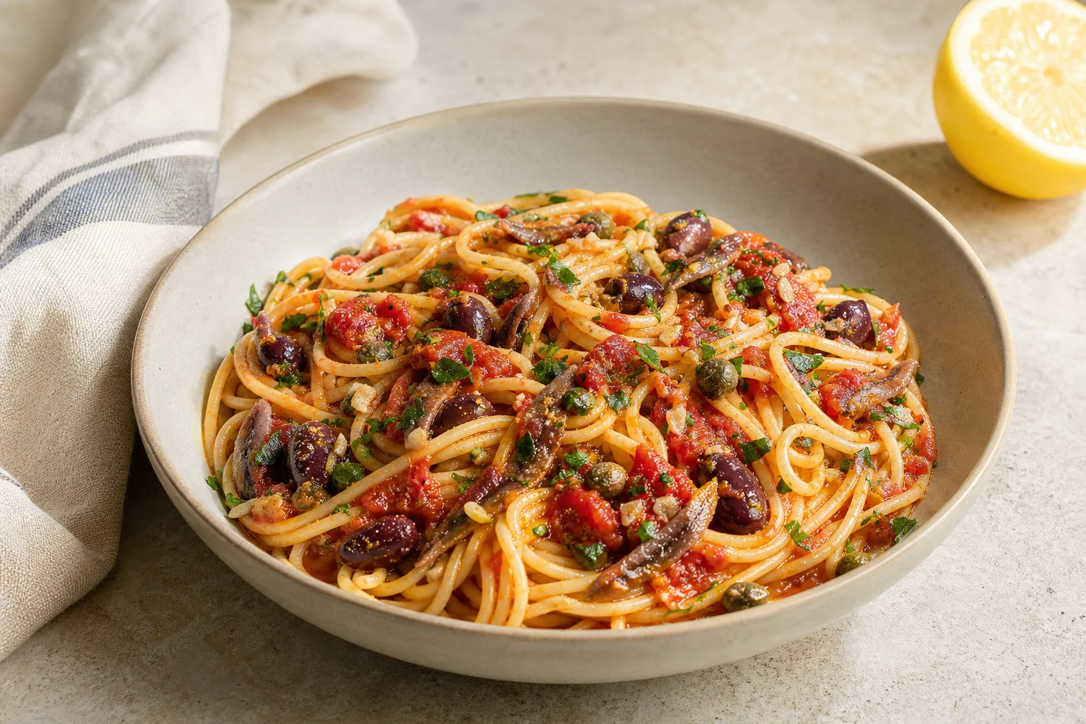 Pasta Puttanesca with Olives, Capers & Tomatoes