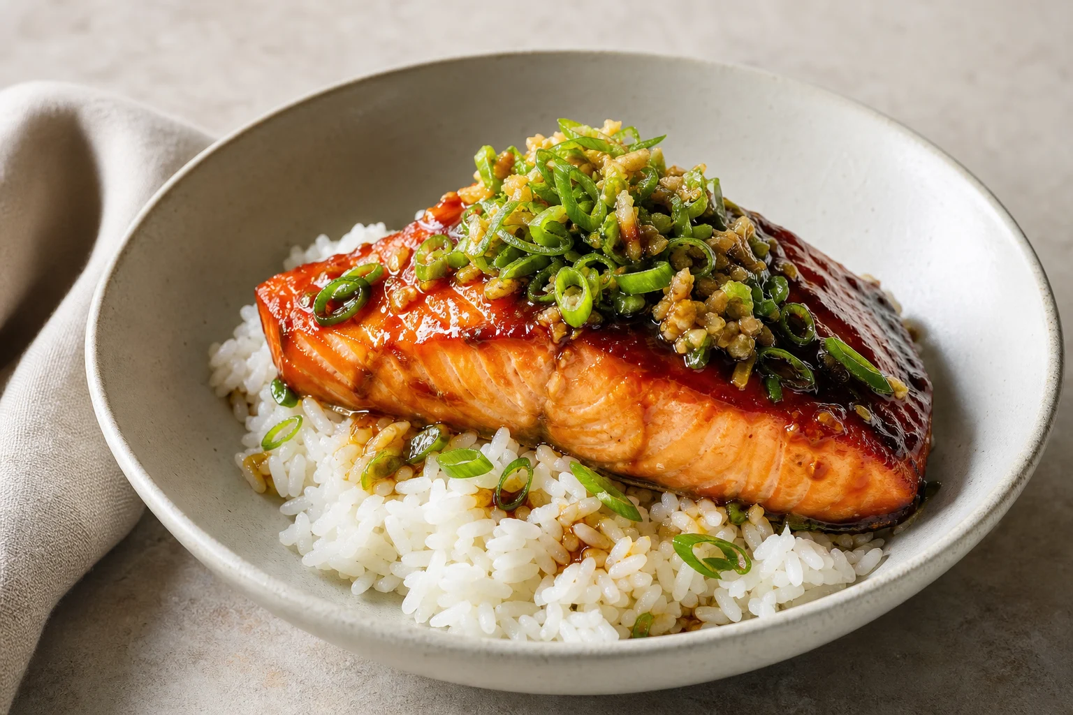 Teriyaki Salmon with Ginger, Scallions & Steamed Rice